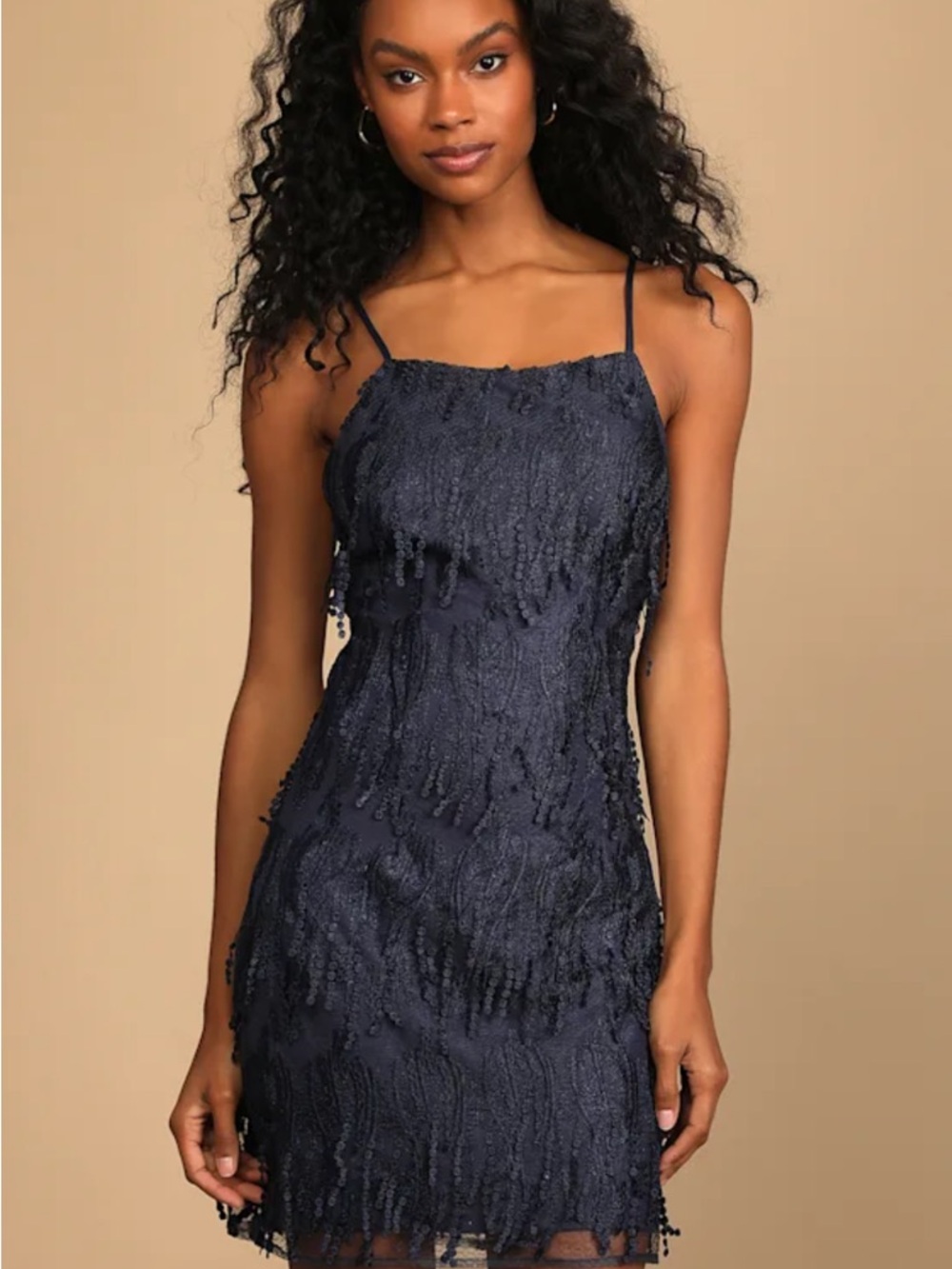 Lulu’s Making Magic Navy Blue Fringe Lace-Up Mini Dress - Picture 3 of 14